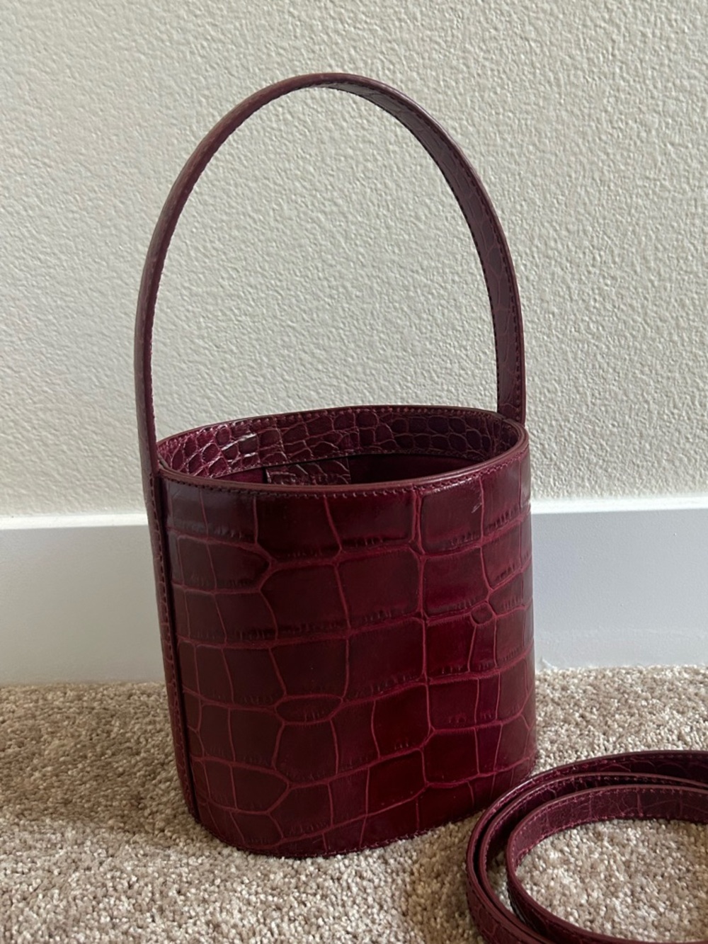 Staud Women's Burgundy Croc-Embossed Bucket Bag with Detachable Strap